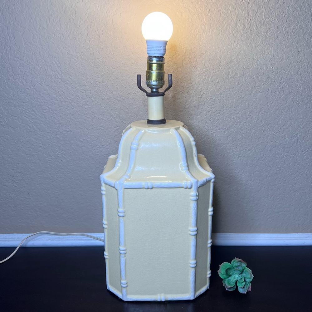 1970s Yellow Ceramic Tea Caddy Lamp | Faux Bamboo Chinoiserie